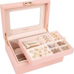 LANDICI Jewelry Organizer Box for Women Teen Girls,Large Jewelry Storage Case with Mirror,2 Layer Removable Stackable Tray,Leather Jewellery Display Holder for Ring Necklace Earring Bracelets,Grey